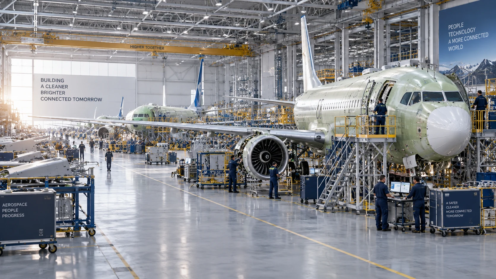 An aircraft manufacturing plant in active production, with technicians working around passenger aircraft on a brightly lit assembly line.