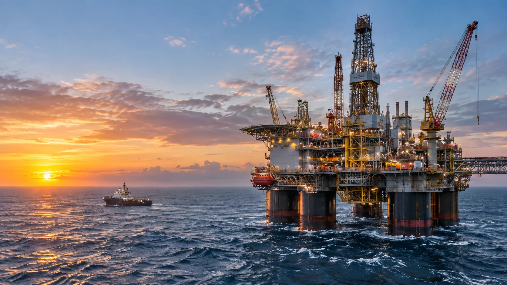A large offshore oil rig operating at sunset, with its illuminated production decks, derrick and cranes above the open sea.