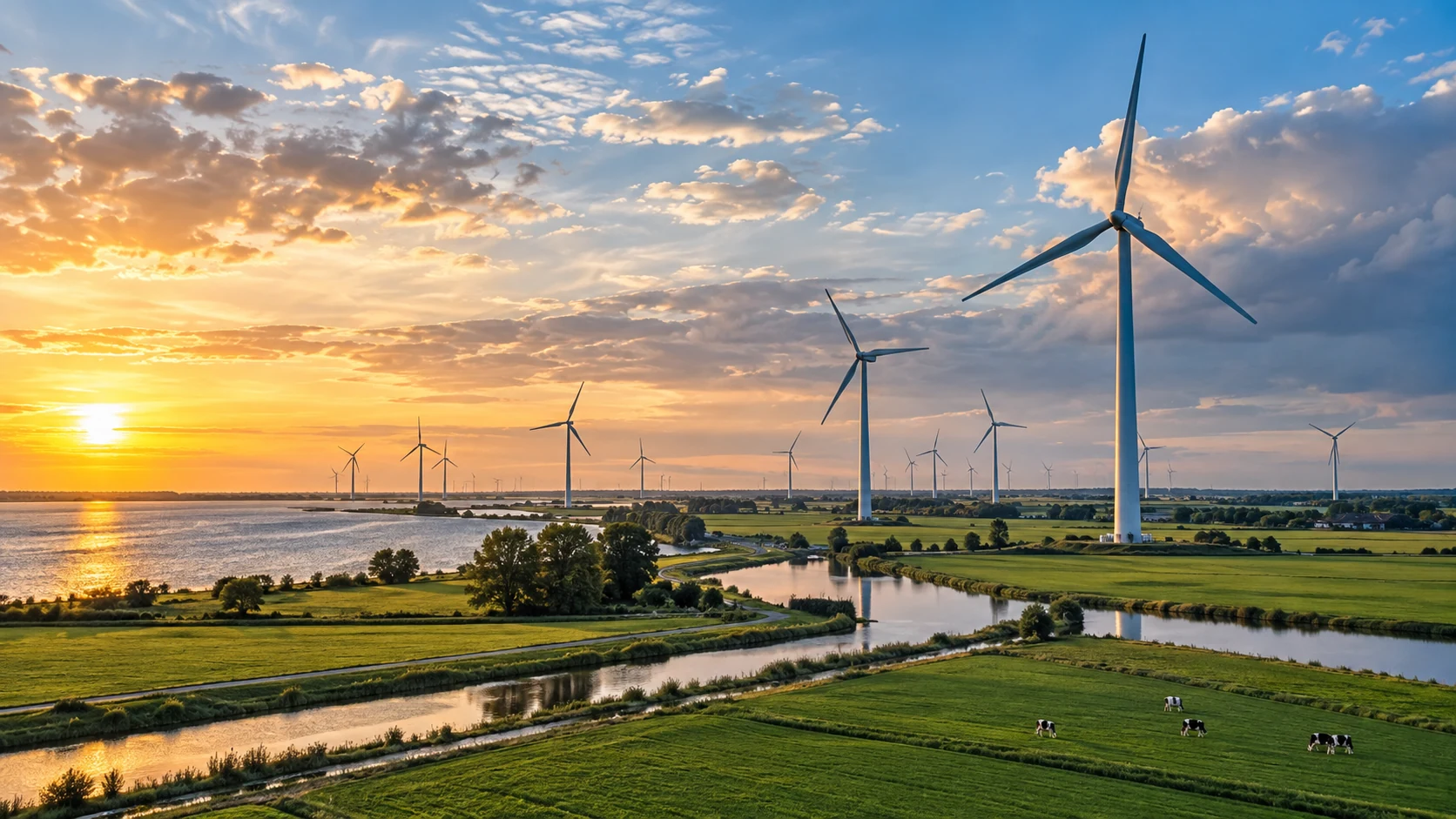 A Dutch wind-energy landscape at sunset, with turbines across green fields and waterways and a large turbine rising in the foreground.