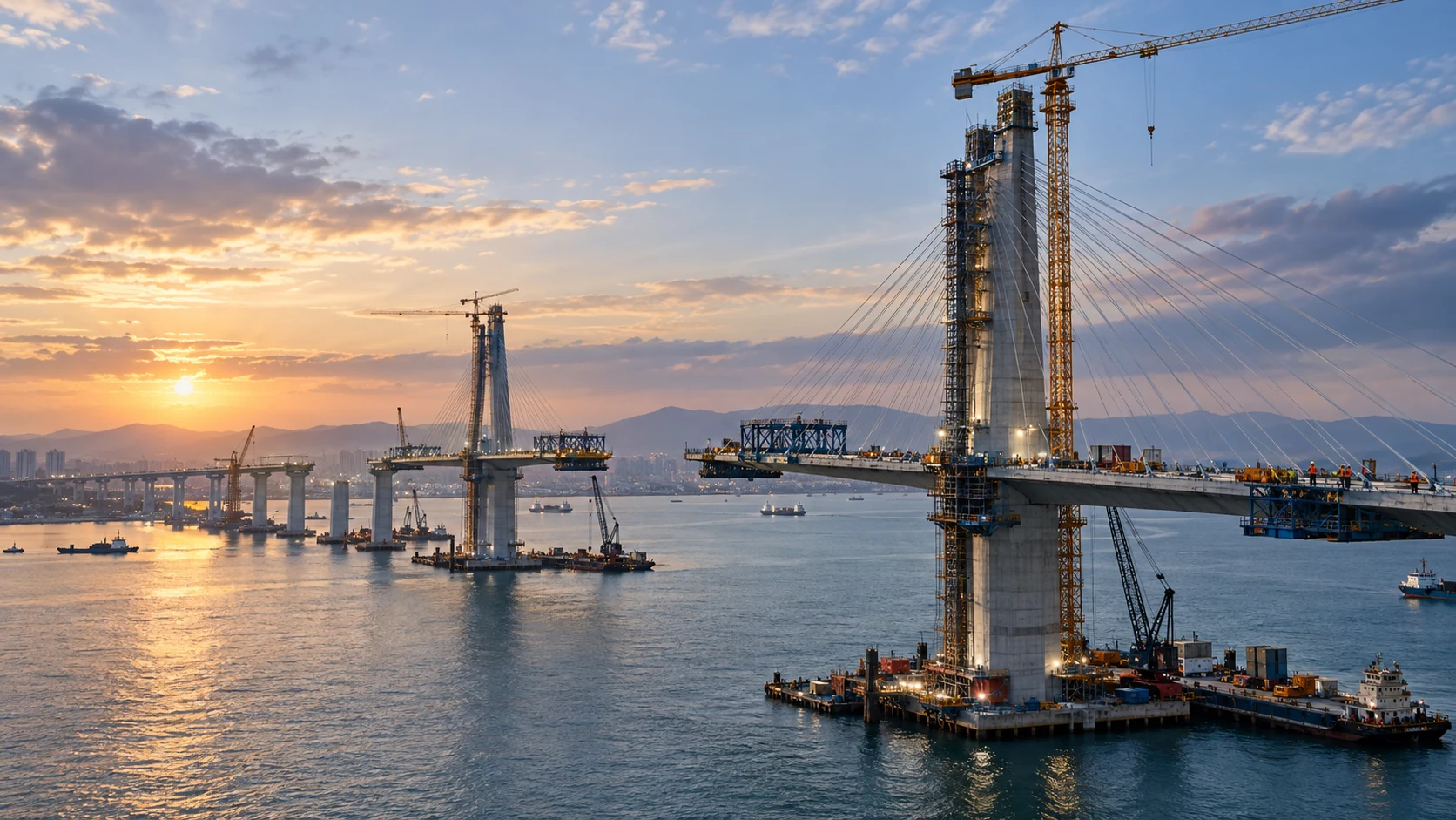 A cable-stayed bridge under construction at sunset, with cranes, unfinished spans, towers, workers and support vessels across a wide channel.