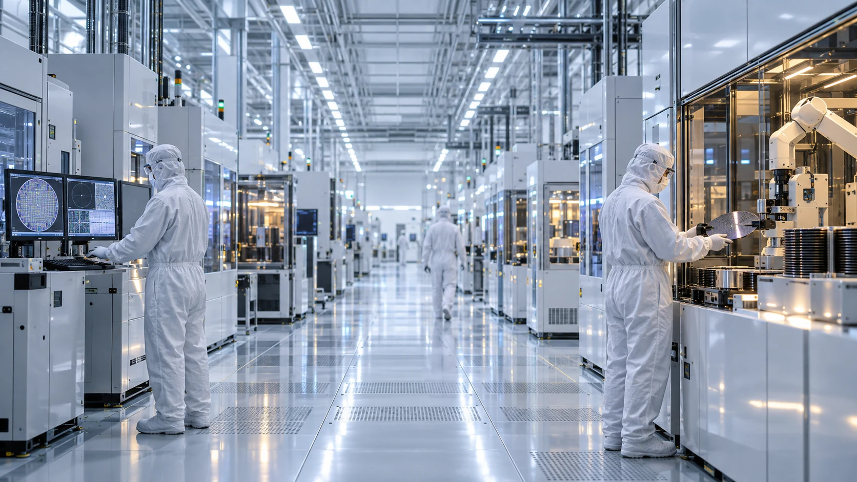 Inside a futuristic semiconductor cleanroom, technicians in white protective suits monitor wafer-production equipment and robotic tooling.