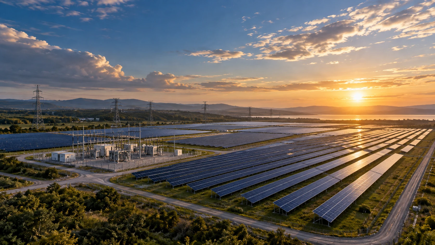 A utility-scale solar farm at sunset, with long rows of photovoltaic panels, a substation and transmission pylons stretching toward the horizon.